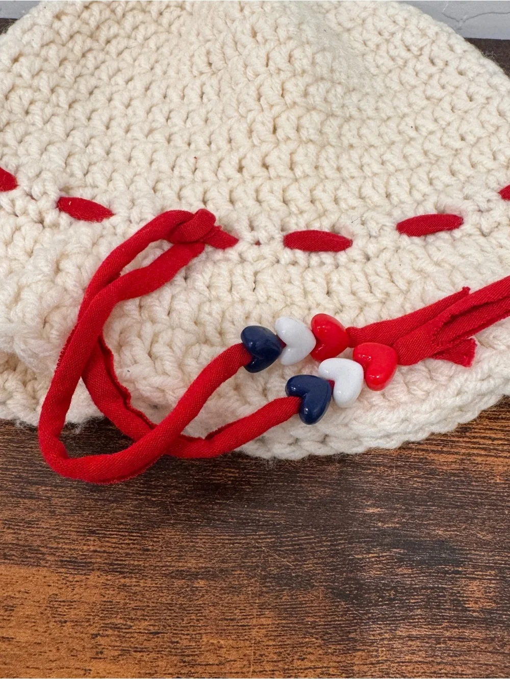 Handmade Knit Bucket Hat Kids Girls Red White Blue Patriotic